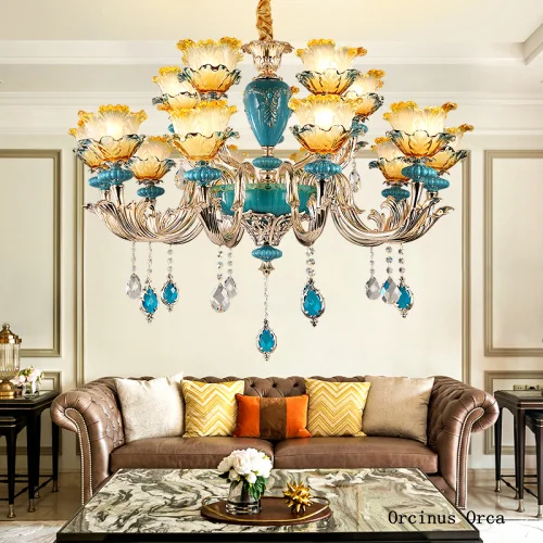 French Luxury Blue Ceramic Chandelier Living Room Dining Room Bedroom European Creative Romantic Colored Crystal LED Chandelier