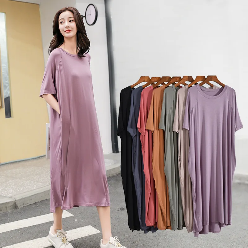 

Summer Lady Modal Thin Dress Long Nightdress Spring And Autumn Novelty Short-Sleeved Nightgown For Women Can Wear Outside