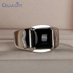 Cellacity Luxury Ring for Man Silver  Jewelry Black Gemstone Male Open Rings for Party Anniversary Trendy Dating Gift for Men