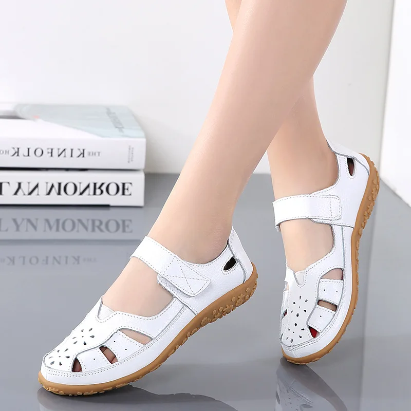 Plus Size 35-42 Summer Fashion Women Sandals Hollow Genuine Leather Flat Shoes Soft Sole Breathable Female Beach Sandals WSH4371
