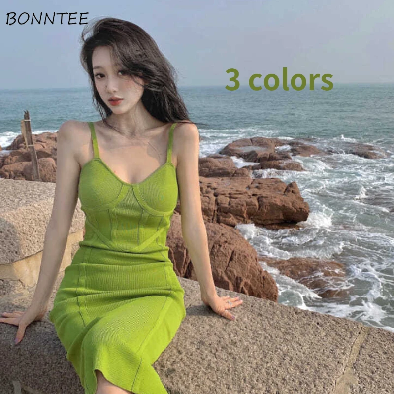 Sleeveless Dress Women Summer Solid Simple Slim V-neck Knitted Sundress Soft Leisure All-match 3 Colors Fashion Ins New Holiday