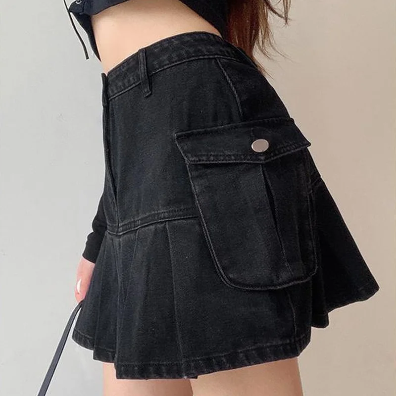 Saias femininas dobras denim mini sexy kawaii streetwear estilo coreano chique casual a linha do vintage moda harajuku doce meninas