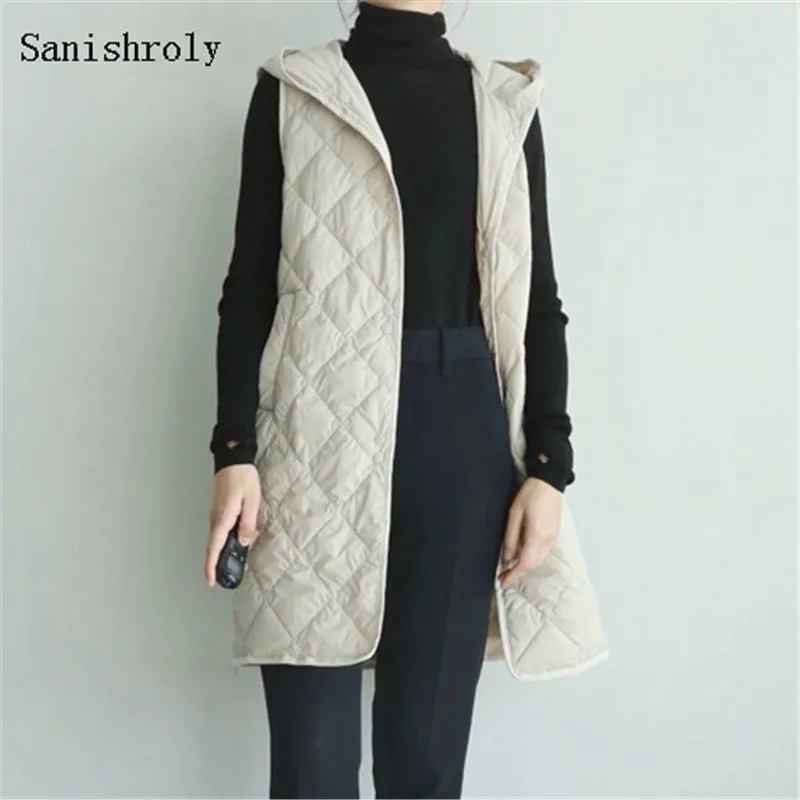 Autumn Winter Women Ultra Light 90% White Duck Down Vest Jacket Single-breasted Long Hooded Waistcoat Prismatic Grid Coat Parkas