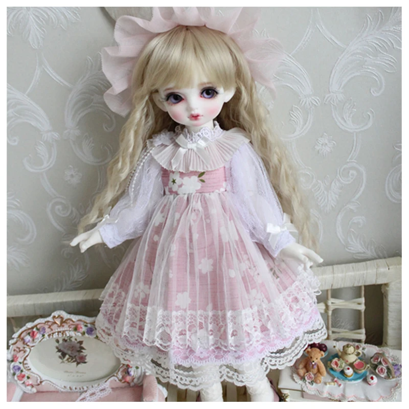 

Doll clothes 1/6 doll dress pink lace dress with small flower for 1/6 1/4 BJD SD Blyth doll accessories dress+hair decoration