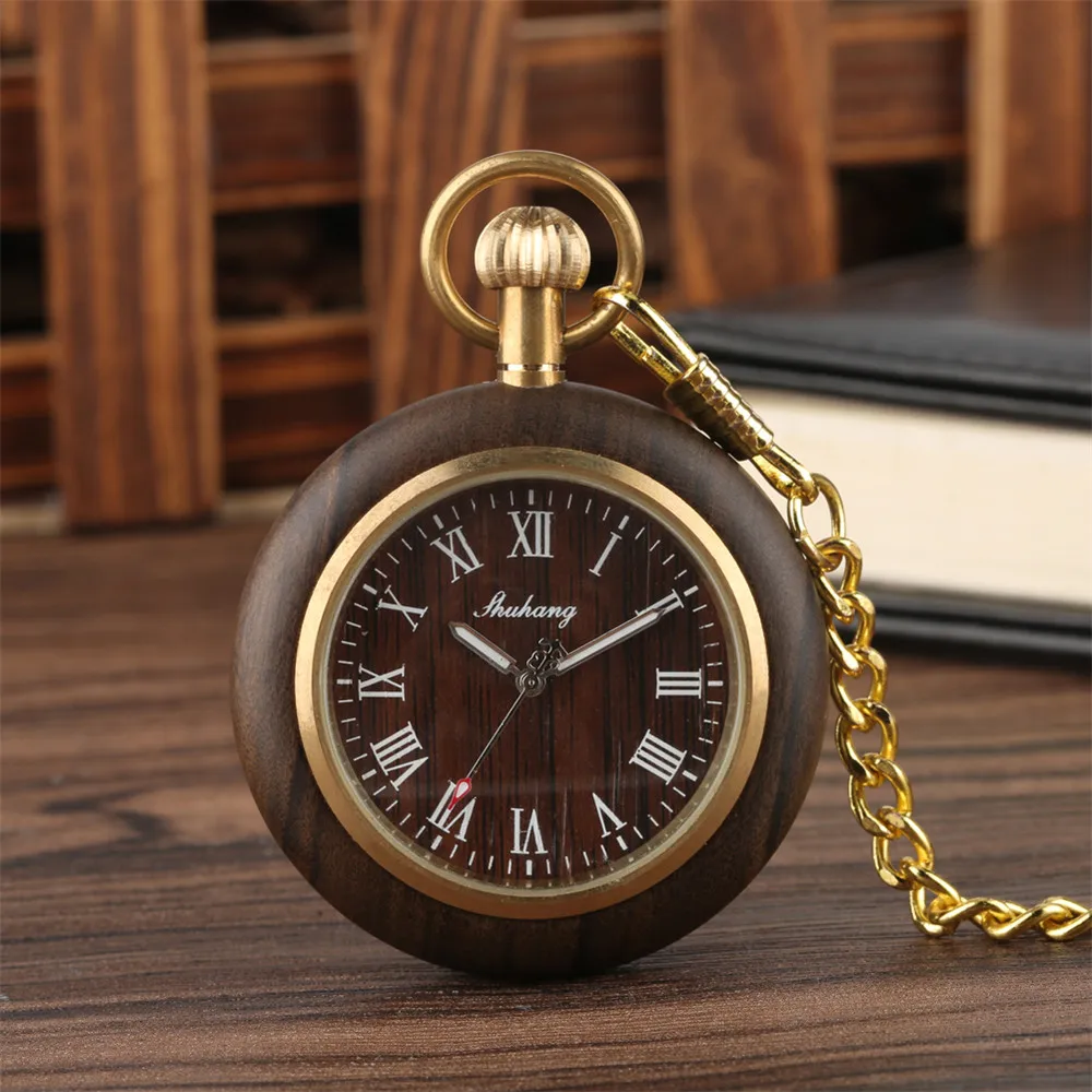 Roman Numerals Wooden Quartz Pocket Watch Gold Fob Chain Pendant Clock Male Open Face Vintage Wooden Pocket Timepiece