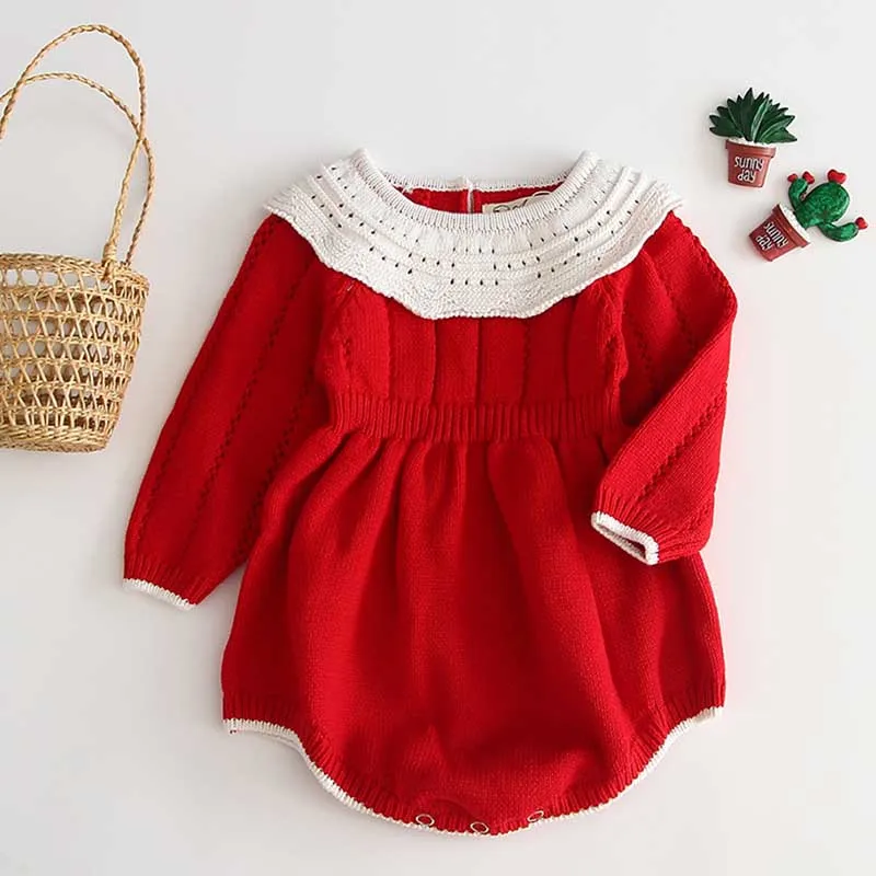 Baby Girls Knitting Romper 2023 Autumn Red Girl Clothes Newborn Baby Girl Clothes Fashion Knitted Romper Overalls Autumn Sweater