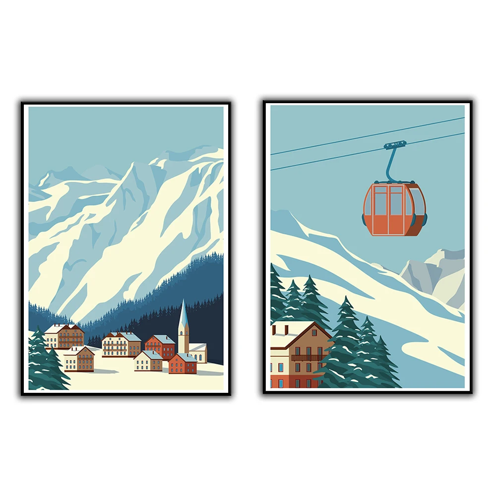 

Sunny Winter Mountain Art, Winter Skiing Prints, Snow Ski Poster, Ski Lift in the Snow, Snowy Mountaintops Landscape