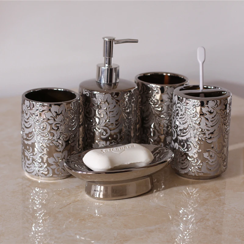 

Silver Ceramics Five Piece Set Gifts Soap Bottle Gargle Cup Soap Dish Toothbrush Holder Washing Tools Bathroom Toiletry Set