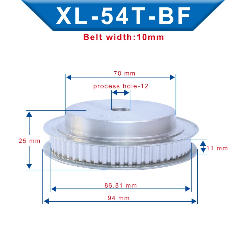 1 piece XL-54T Timing Pulley Aluminum Material Belt Pulley Process Hole 12 mm Slot Width 11 mm Match With XL-10 mm Timing Belt