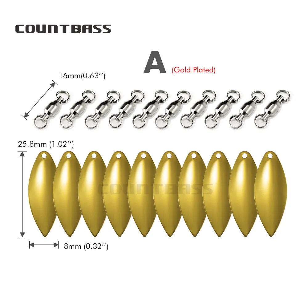 COUNTBASS 10pcs Gold Plated Willowleaf Spinner Blades+ Nickel Ball Bearing Swivels, Colorado Tail  Fishing Lure Spinnerbait