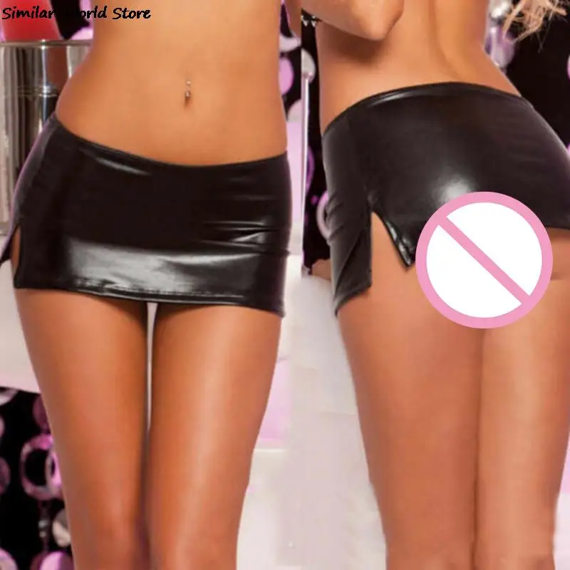 Black Sexy Women's PVC Wet Look Faux Latex Micro Mini Skirt with G-String Party Club Stripper Fetish Sexy Costumes