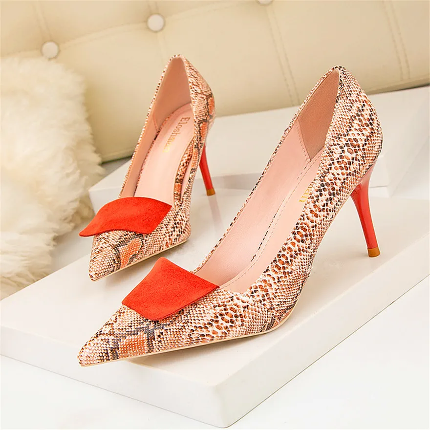 2024 Spring Sexy Stitching Snake Pattern Women Shoes Shallow Female High Heels Shoes Pointed Dress Nightclub Single Shoes Woman