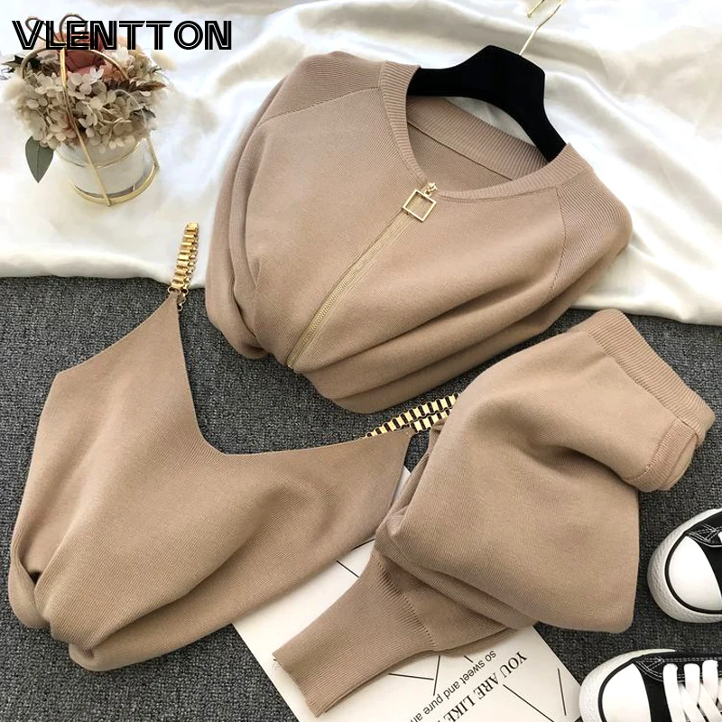 Autumn Winter Women Knitted Tracksuits 3Pcs Set Zipper Cardigans Sweaters+Elastic Pants Suit+Vest Female Casual Trouser Outfits