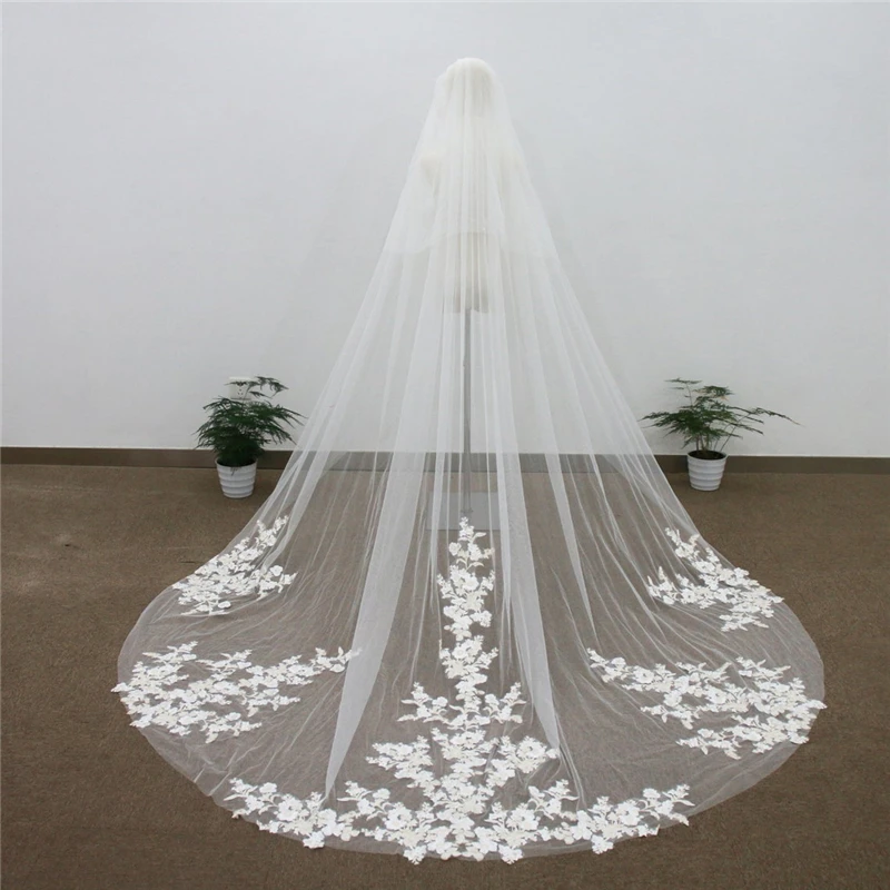 Real Photos Two Layers Bridal Veils Cathedral Long With Comb Blusher Cover Face Ivory White Tulle Lace Appliqued Wedding Veils