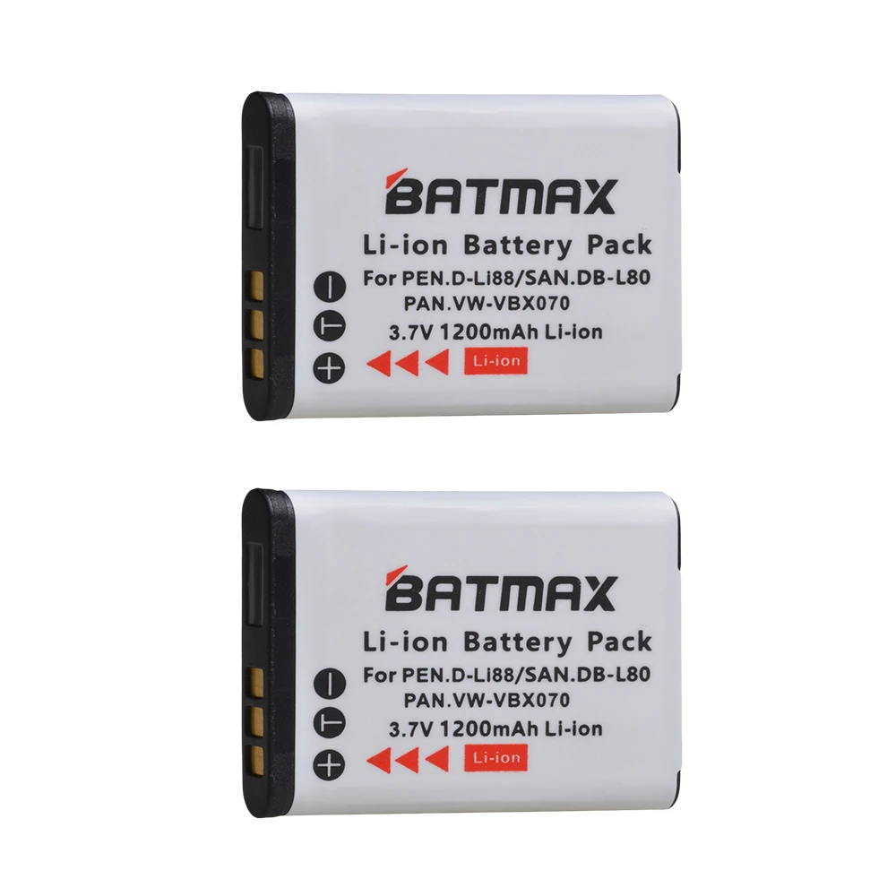 

2X 1200mAh D-Li88 DLI88 DB-L80 VW-VBX070 Li-ion Battery for Pentax Optio H90 P70 P80 W90 WS80 Cameras Sanyo Xacti DMX-CG11 VP