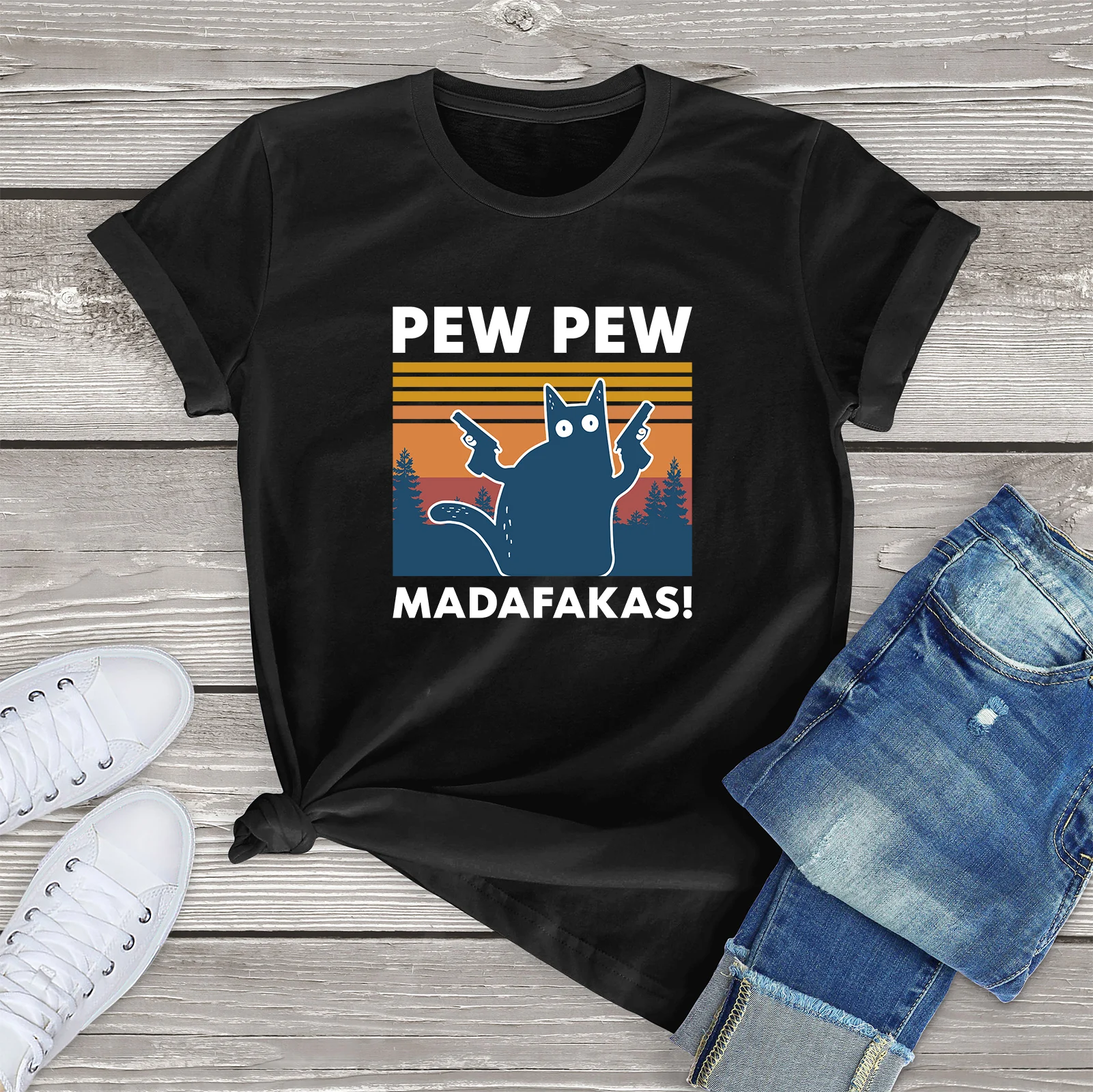 

Футболка унисекс Pew Madafakas, новинка, забавная Винтажная футболка с круглым вырезом и котом, женская футболка из 100% хлопка с короткими рукавами, новинка