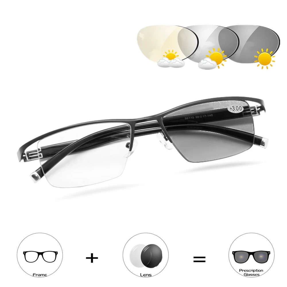 Transition Photochromic Progressive Multi Focus Reading Glasses Varifocal No Line Gradual Lens +Rx Farsighted from 0 to +400