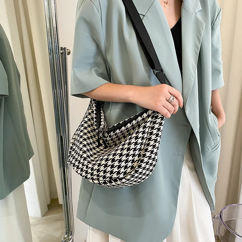 Classic Houndstooth Crossbody Bags Women Ins All Match Zipper Hobos Basic Stylish Shoulder Female Street Chic Simple Teenagers