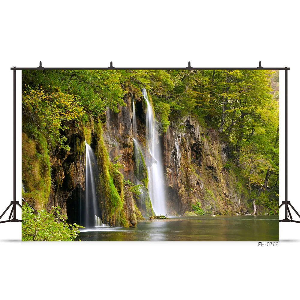 Summer Forest Natural Scenery Waterfall Trees Lake River Rock Baby Portrait Holiday Party Photo Backdrops Photophone Backgrounds