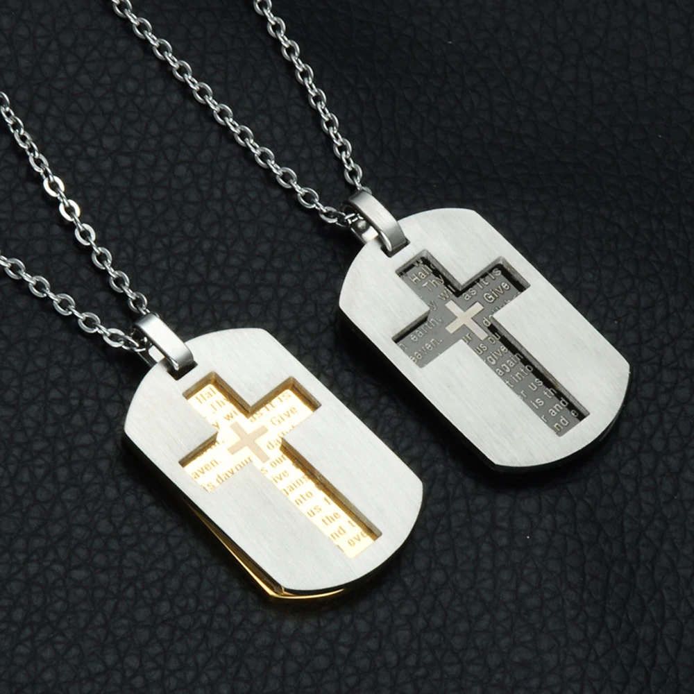 Stainless Steel Cross Necklaces Pendants Christian Jewelry Bible Lords Prayer Dog Tags Gold Color Christmas Gift For Men