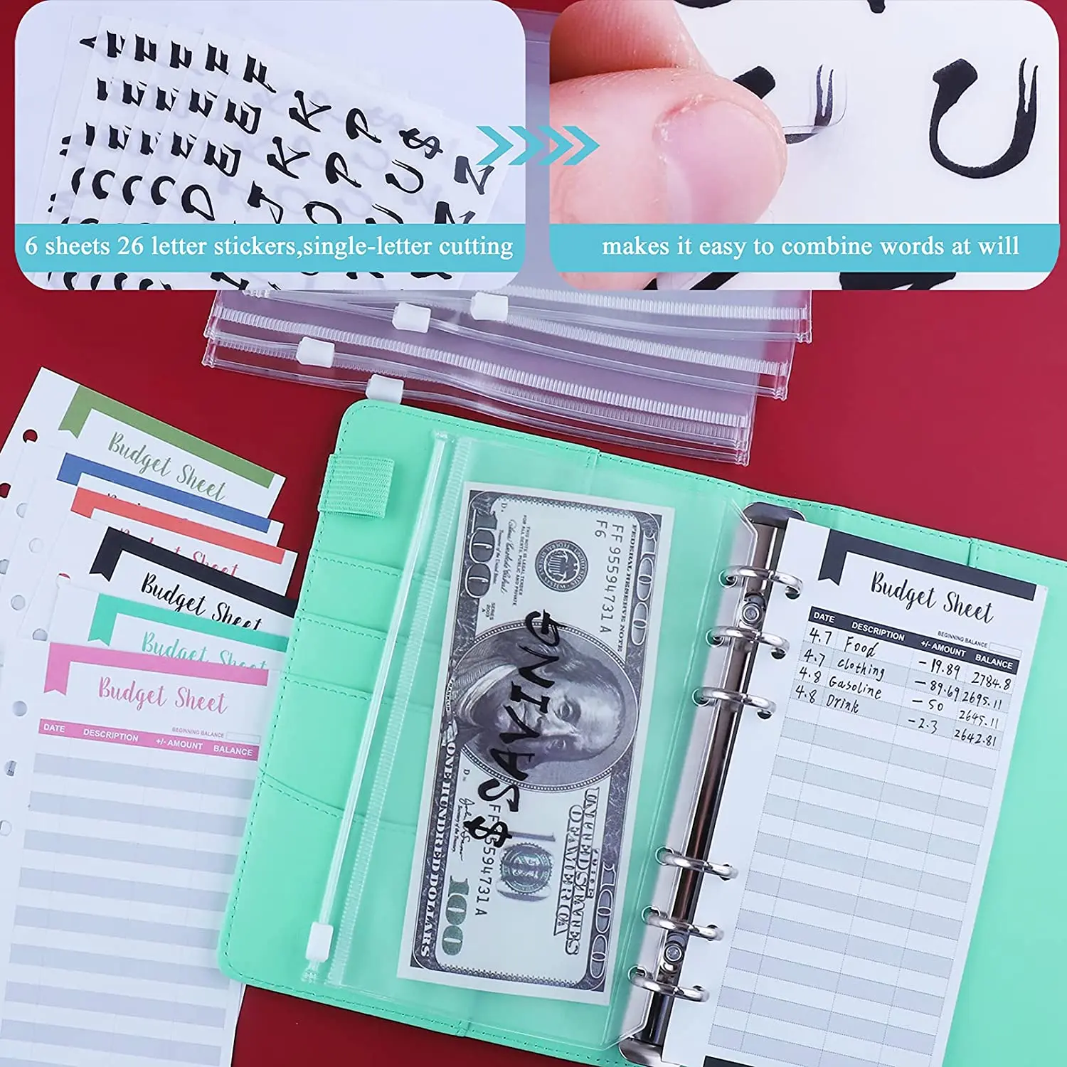 A6 PU Binder Cover Cash Envelopes System with 8PCS A6 Binder Pockets, 12 Expense Budget Sheets,2PCS 26 Letter Sticker Labels