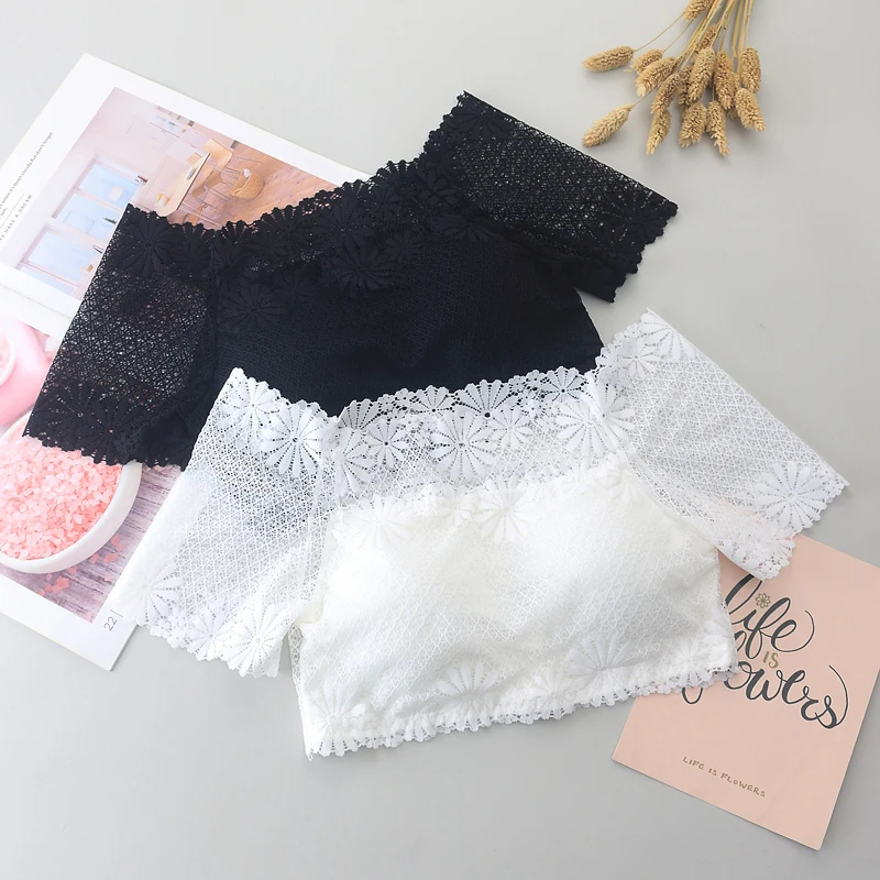 New Wommen Sexy Lace Off Shoulder Crop Tops with Bra Short Sleeve Harajuku Bare Shoulder Crochet Top Female Cotton T-Shirt Lace