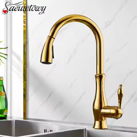 Golden Deck installation Pull Out Kitchen Faucet Spray Kitchen Tap 360&deg; Rotattble Hot Cold Sink Mixer Boost Mode Rose Golden