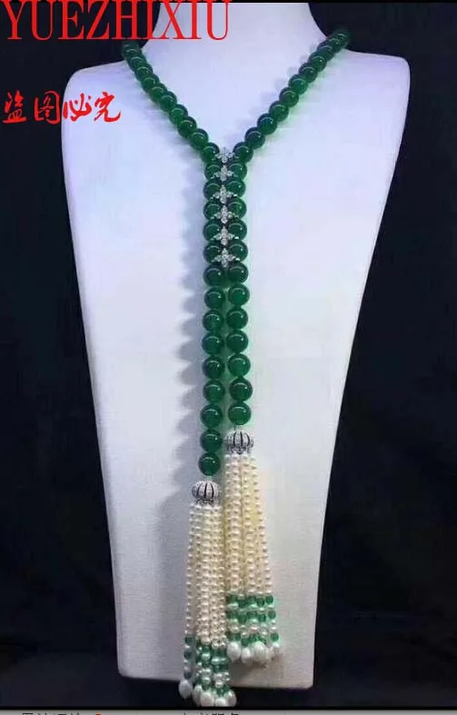 

hot sell natural 8mm green jade beads micro inlay zircon long necklace25inch sweater chain pearl tassel luxury jewelry