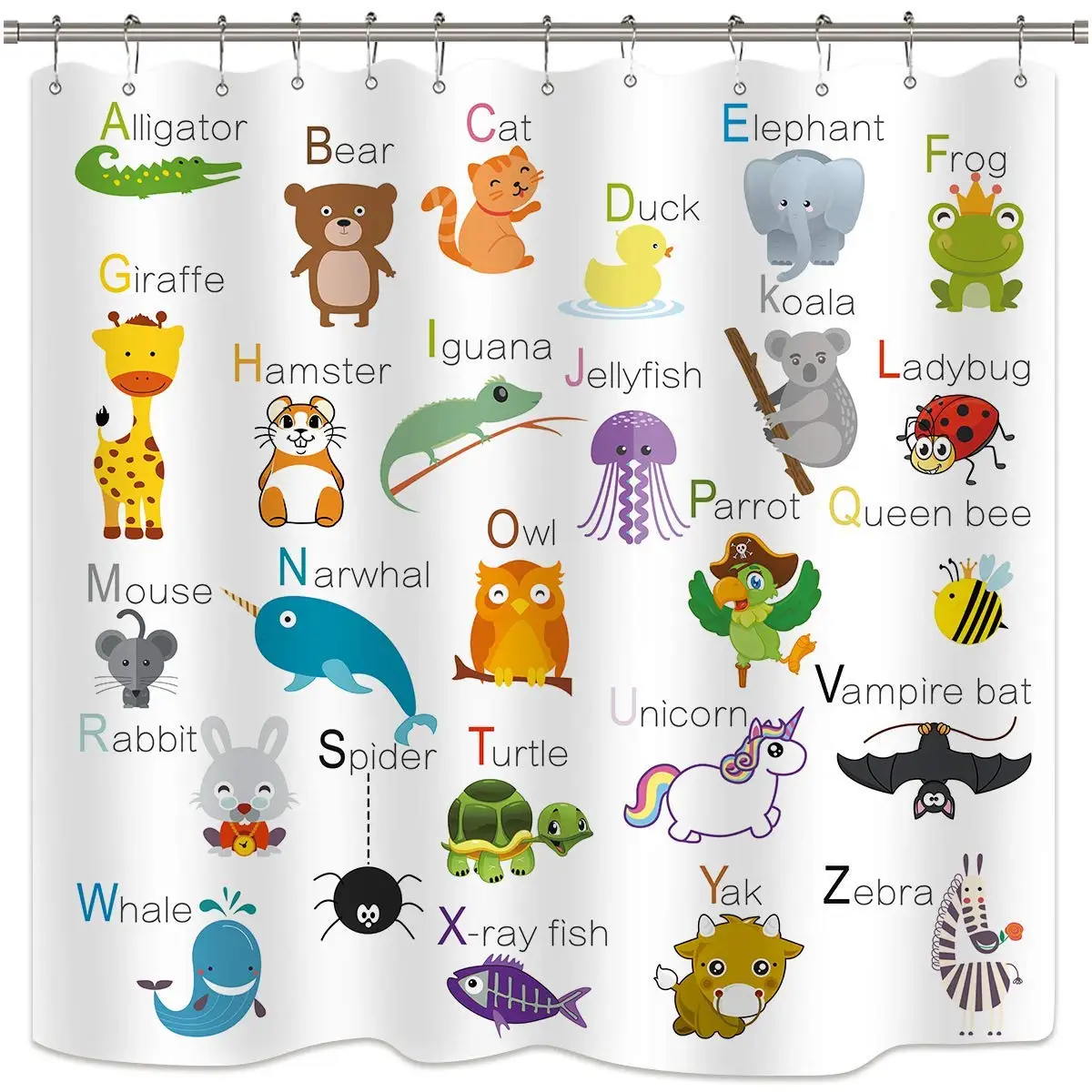 ABC Learning Alphabet Shower Curtain Kids Bathroom Decor Panel Funny Teaching Words