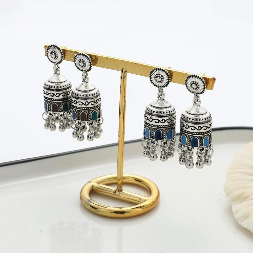 Womens Bollywood Boho Bells Indian Jhumka Earrings Ethnic Retro Oxidized Silver Color Tassel Carved Dangle Earrings For Women