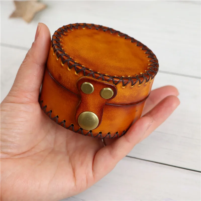 Creative Handmade Leather Round Coin Purse Necklace Bracelet Jewelry Storage Tank Earphone Data Cable Small Object Storage Box