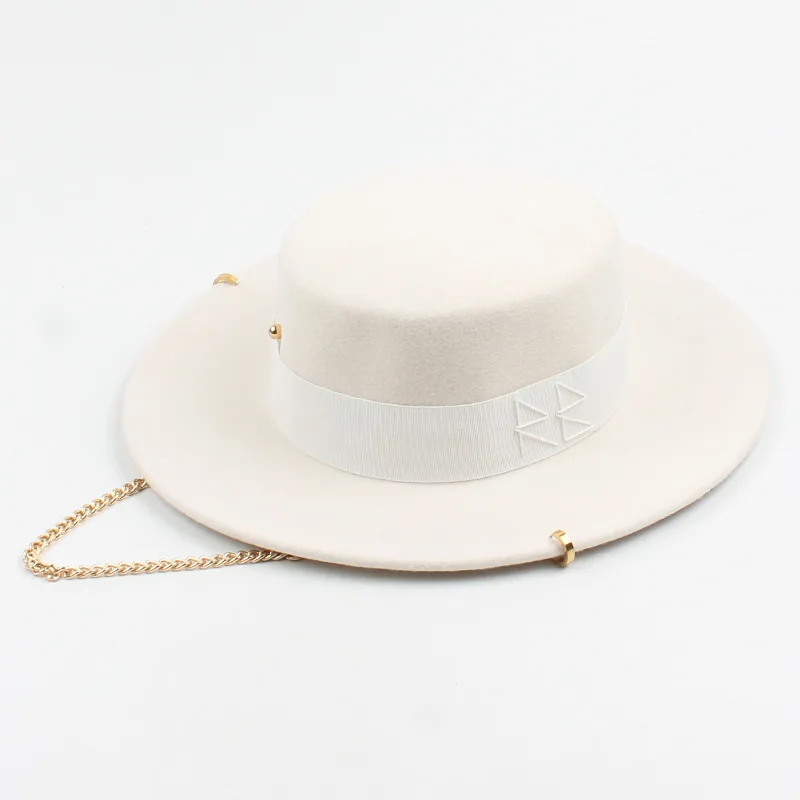 2021 hat female autumn and winter retro embroidery letter golden chain fashion flat top hat fedora hat wild wool top hat