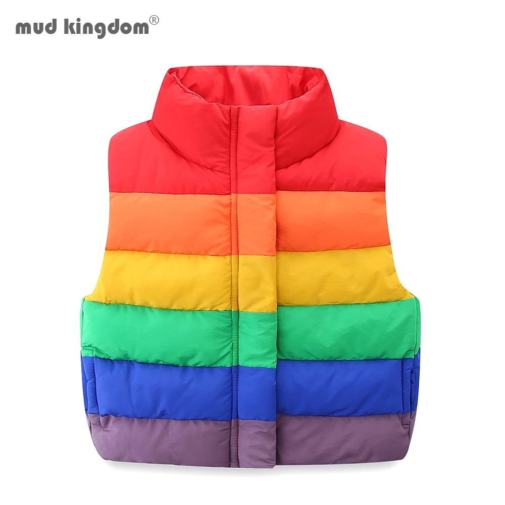 Mudkingdom Cute Boys Girls Rainbow Stripes Vests Colorful Turtleneck Kids Puffer Jackets for Baby Boy Sleeveless Button Coats