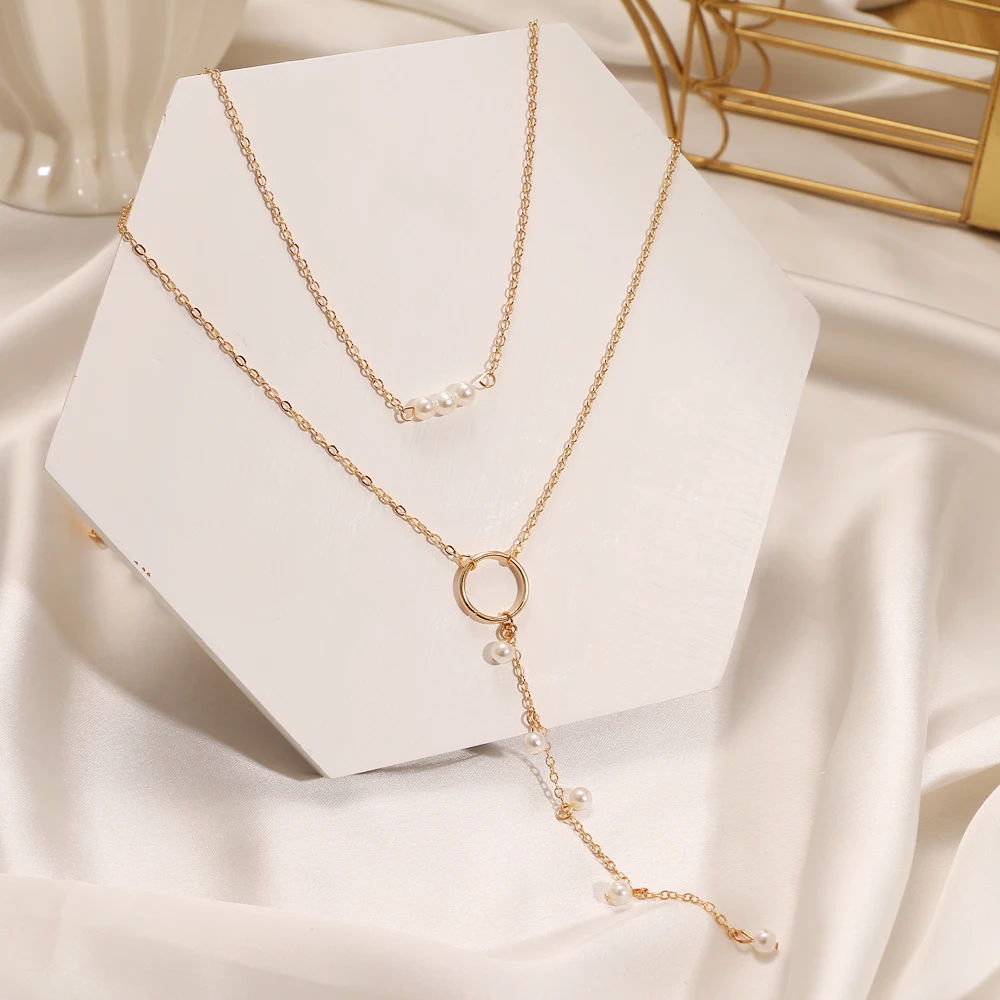 Fashion Simple Layered Pearl Pendant Necklace for Women Bohemian Circle Long Bead Chain Pendant Necklace Jewelry Party Gift