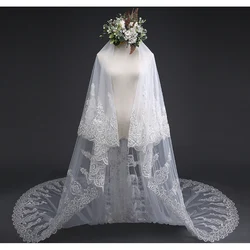 3M * 3M Lange Bruiloft Sluier Ivoor Tule Met Bloemen Applique Bridal Veils Met Kam