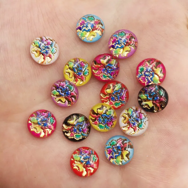 New 100pcs Mix Resin 10mm Colorful  Peony Round Flat back Rhinestone Appliques DIY Wedding Scrapbook Craft SF841