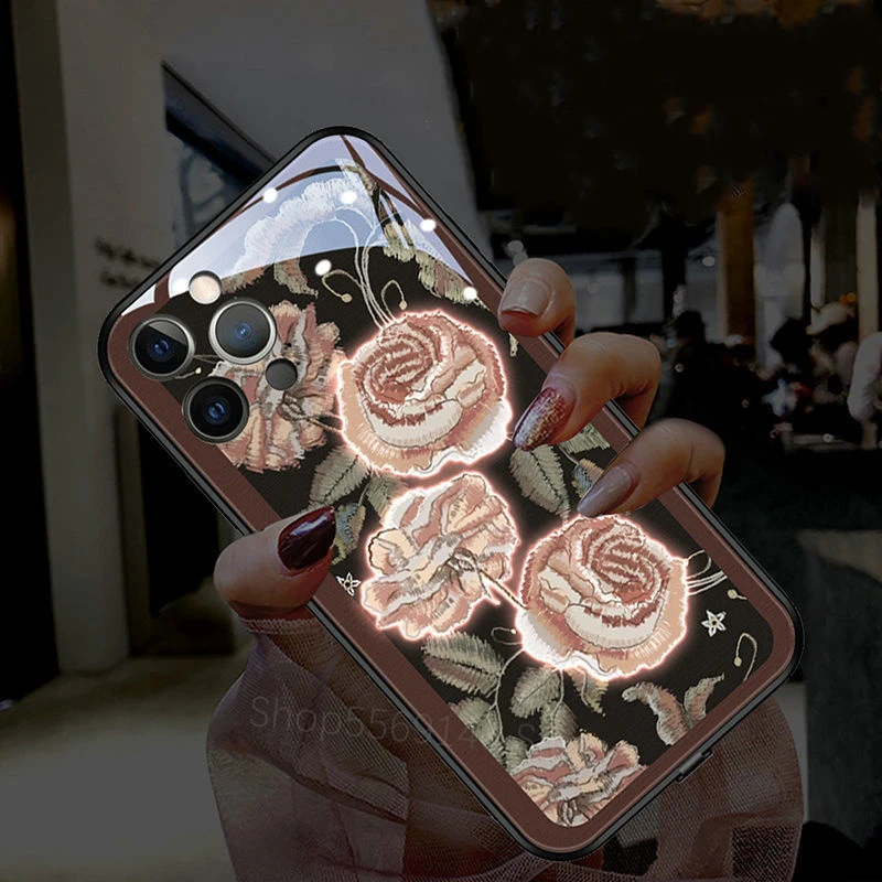 

Luxury Bright Red Rose Peony Flowers Phone Case For iPhone 12 11 Pro Xs Max Mini XR SE 7 8 Soft Call LED Luminous Fundas Cover