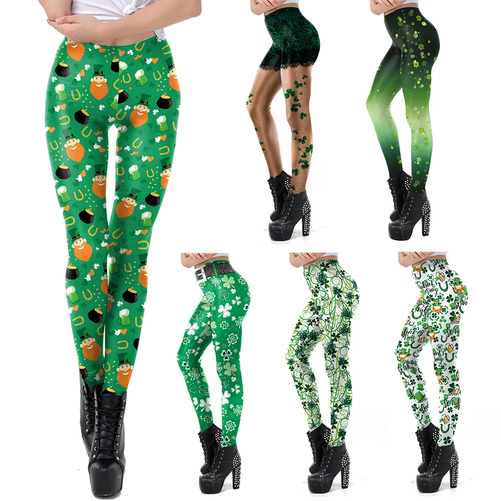 VIP FASHION 2024 Four Leaf Clover Print Leggings Sexy Skinny Pants St. Patrick's Day Women  Fitness Leggings