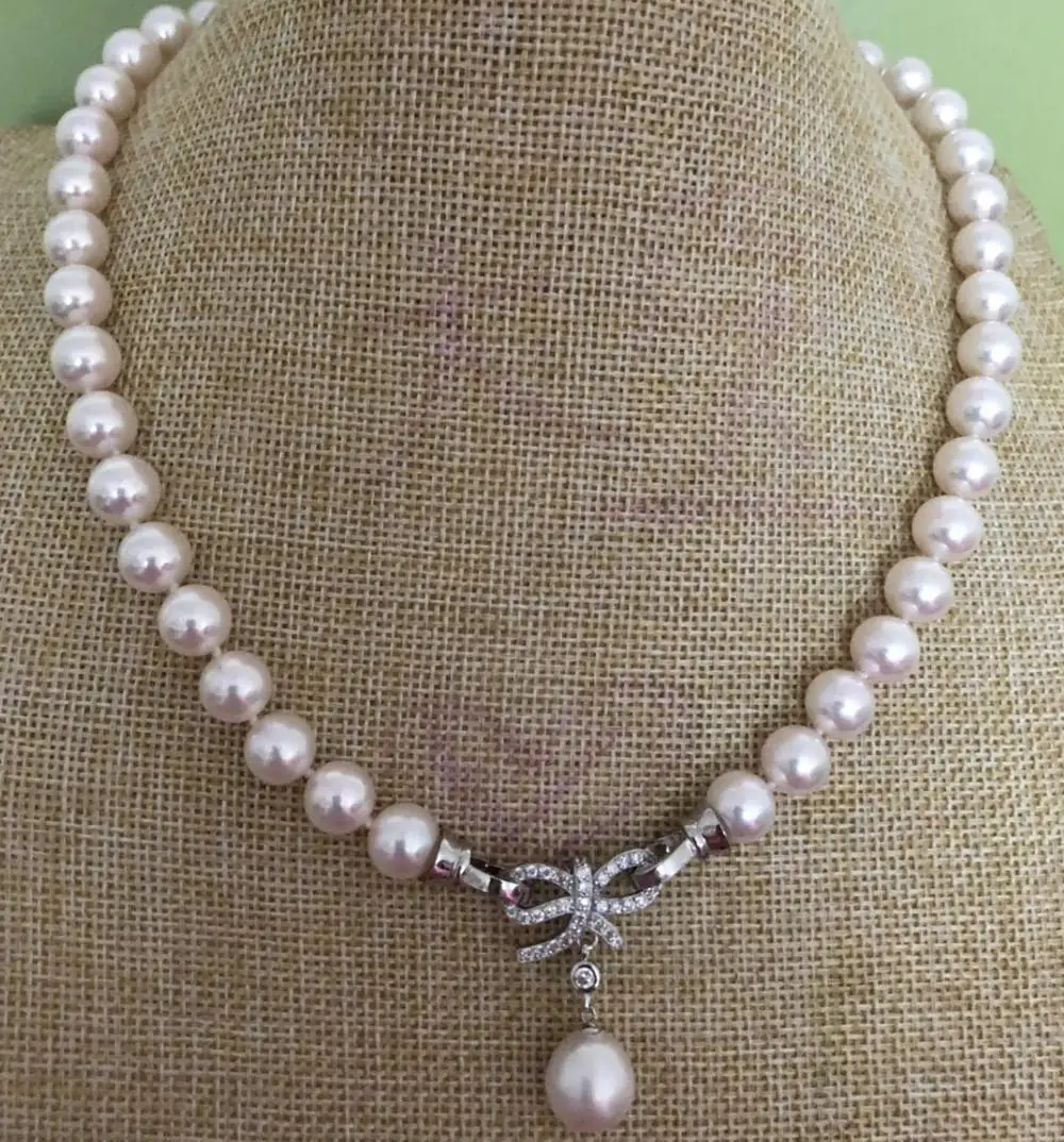 elegant 9-10mm south sea round whtie pearl necklace 18inch 925s KKK