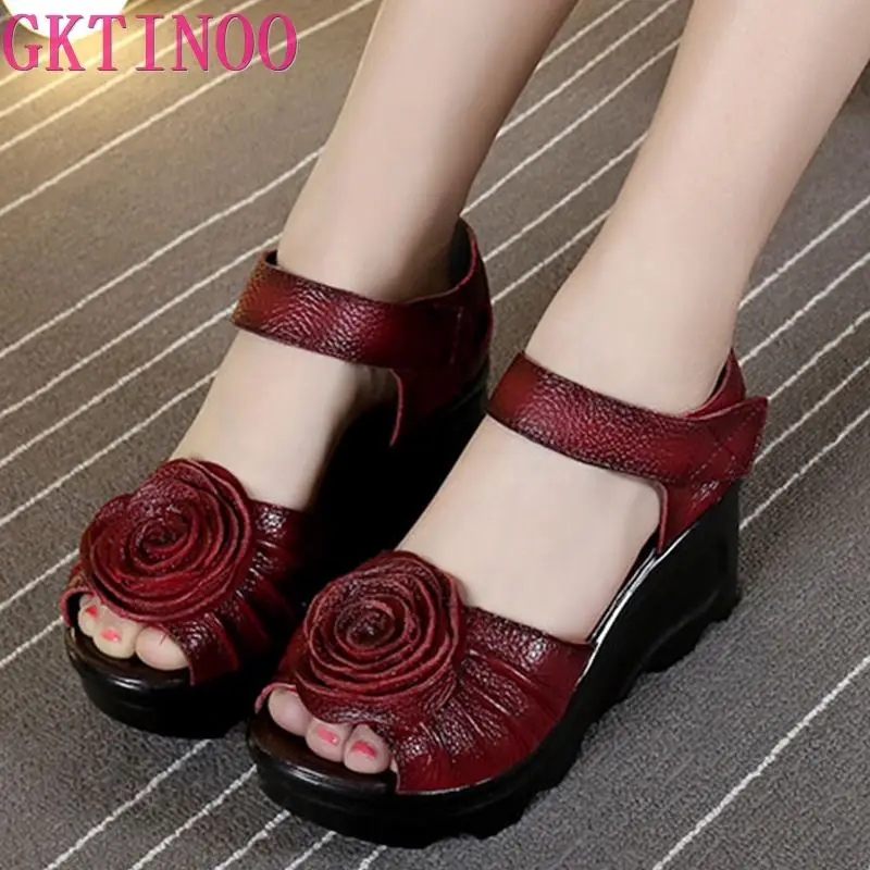 GKTINOO 2024 Ethnic Style Genuine Leather Women Shoes Sandals Wedges Sandals Handmade Genuine Leather Platform Women Sandal