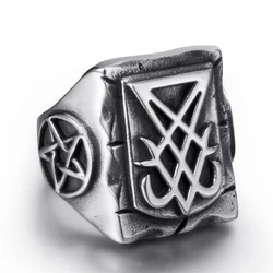 Elfasio Satanic Jewelry Mens Stainless Steel Ring Sigil of Lucifer Seal of Satan Baphomet Pentagram Leviathan Cross Devil Signet