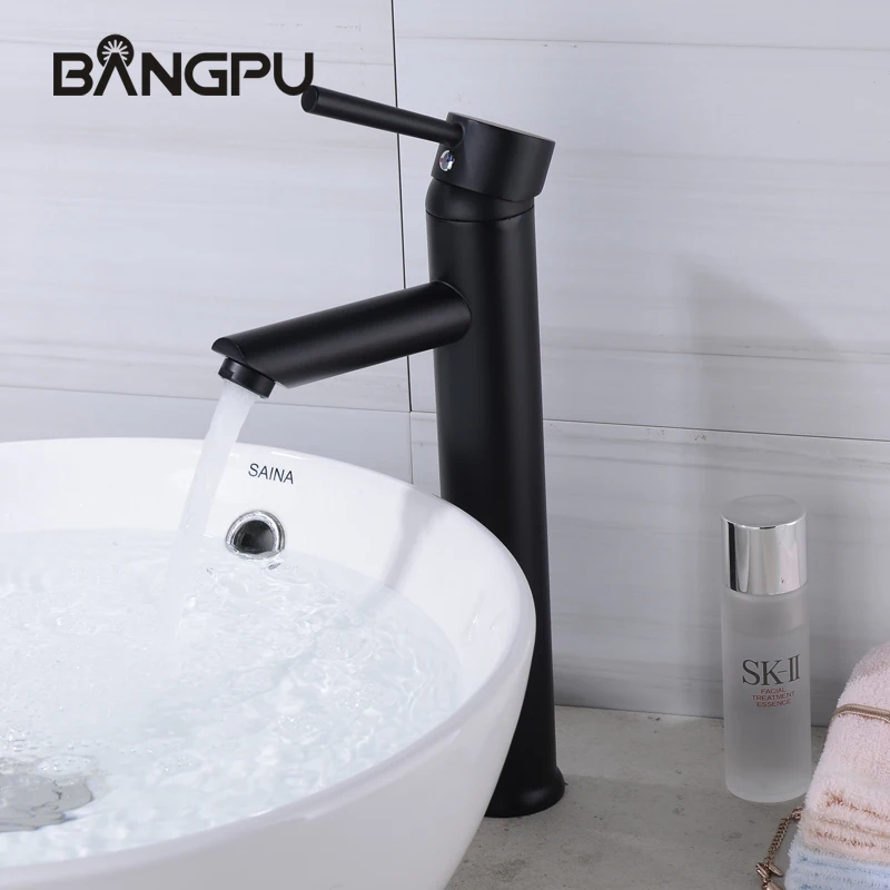 

BANGPU 1 Hole Bathroom Basin Faucet Black Sink Tap Single Handle Faucet Basin Fauct High Sink Faucet Solid Brass Deck Mounted