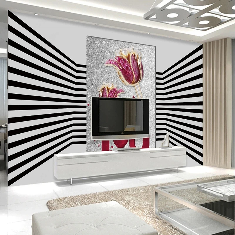 

Custom 3D Self-Adhesive Photo Wallpaper Modern Creative Fashion Black And White Stripes Jewelry Background Wall Covering