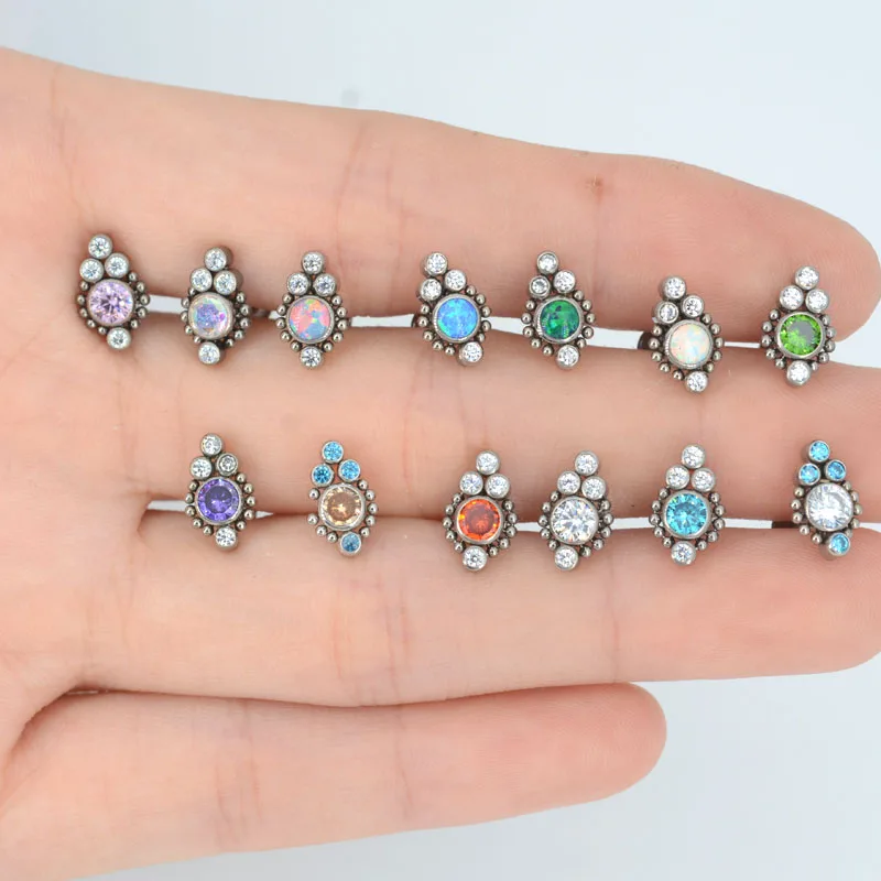 1PC G23 Titanium & Fire Opal Cz Gem Flower Earring Stud Labret Bar Ring Body Piercing Jewelry Cluster Ear Tragus Helix Cartilage