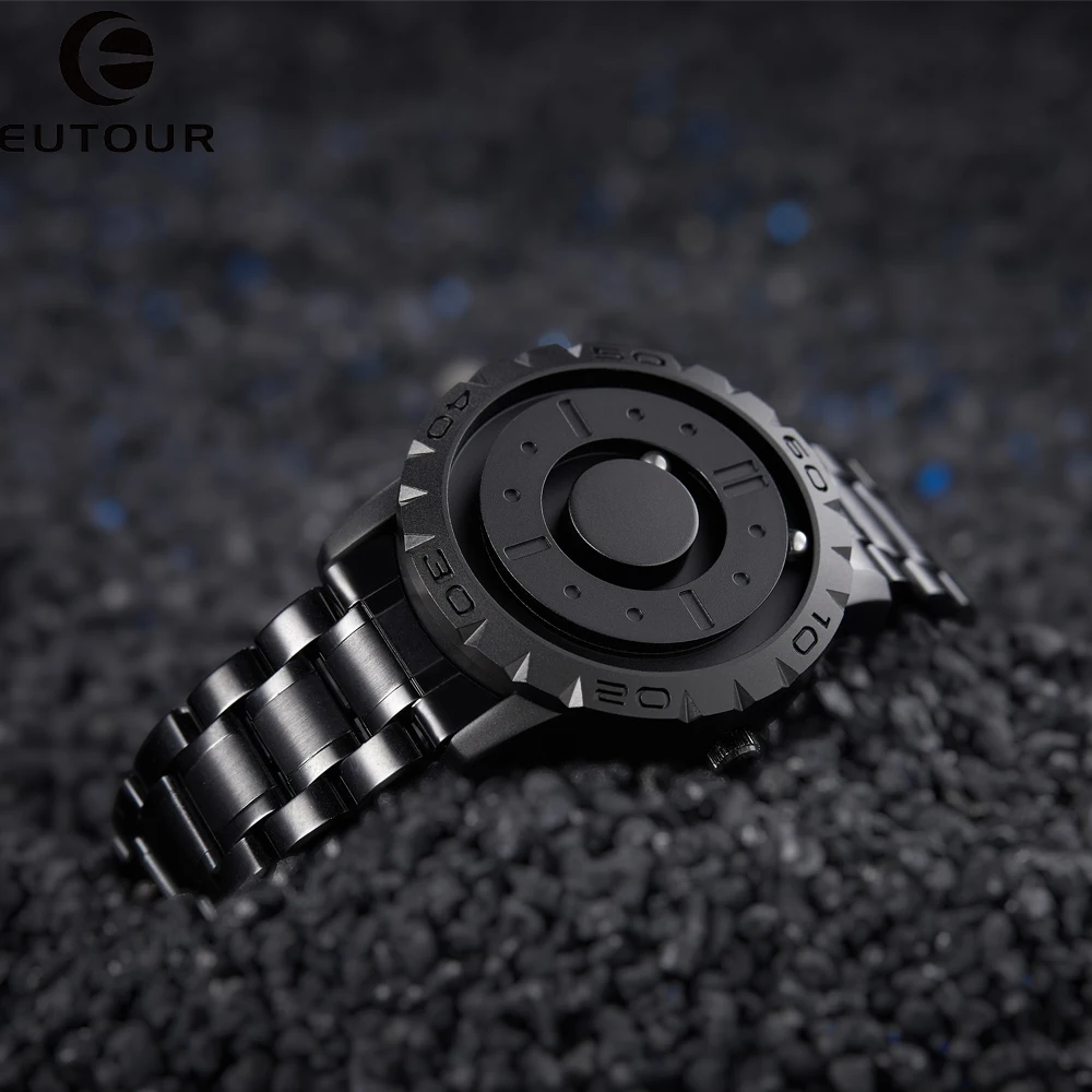 Creative Watch for Men Full Black Stainless Steel Men\'s Quartz Wristwatch Minimalist Magnetic Bead Pointer Creative Dial Reloj