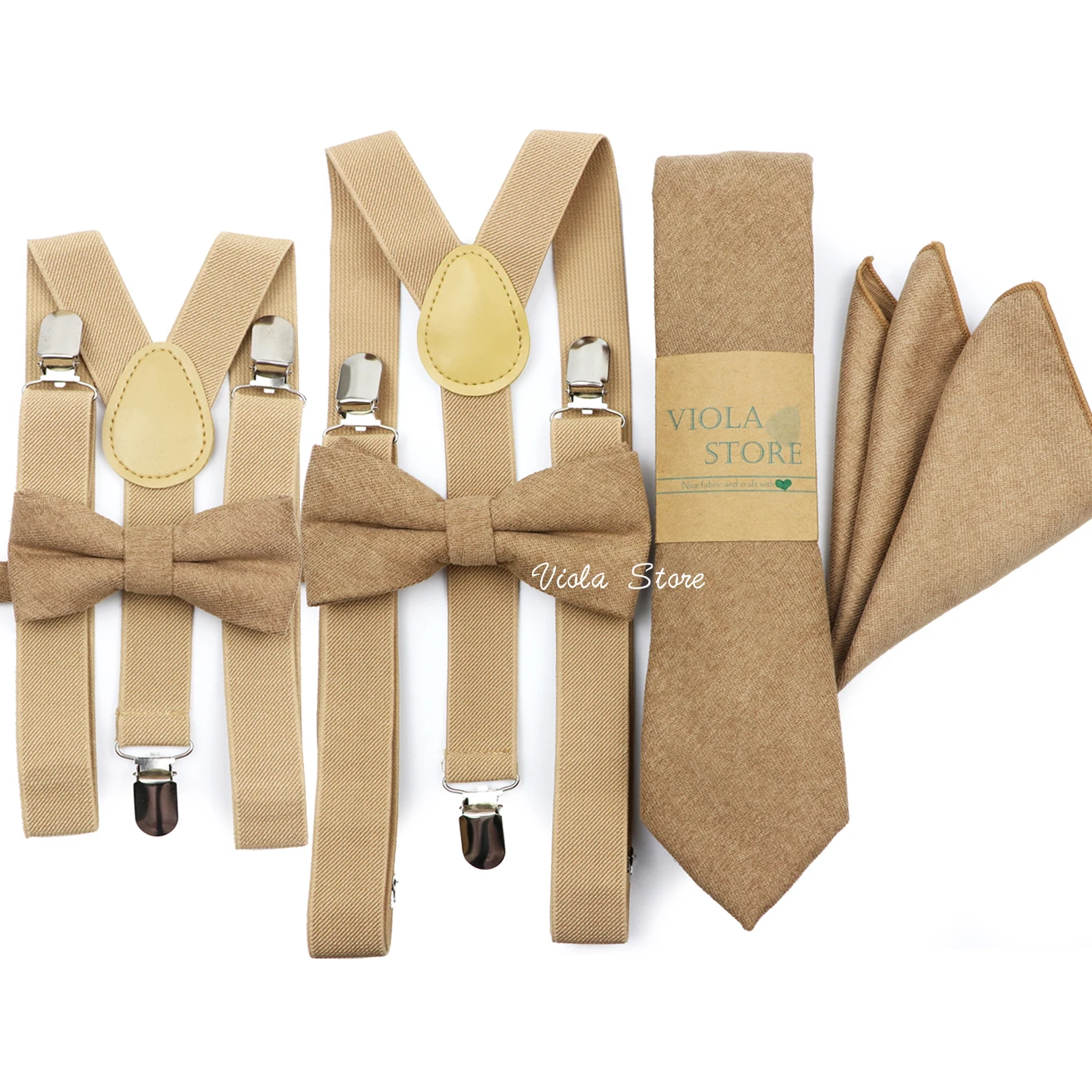 Khaki Maple Solid 2.5cm Suspender 7cm Cotton Corduroy Tie Hankie Bow Sets Men Kids Cravat Brace Elastic Straps Wedding Accessory