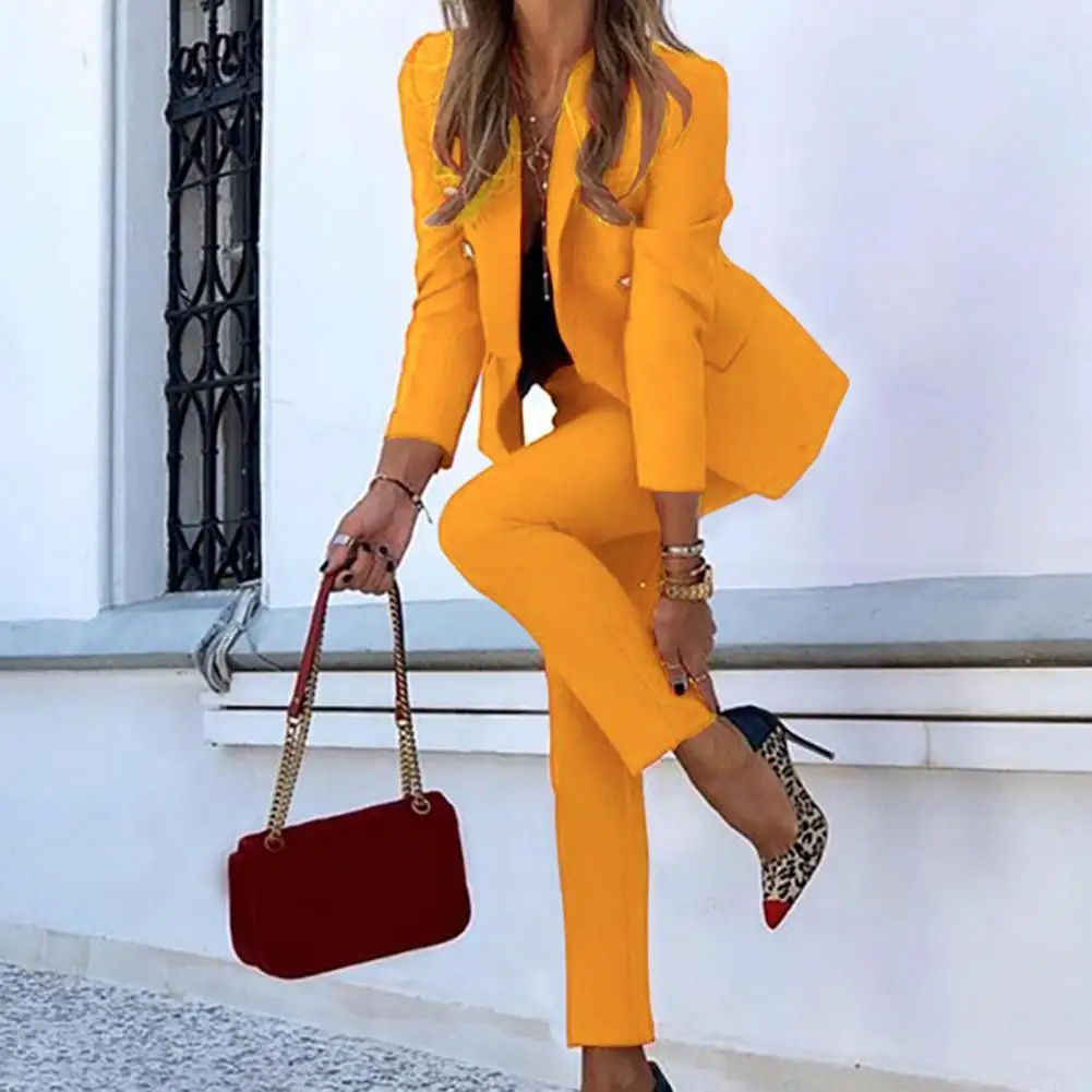 

Women Suit Office Lady Solid Fake Flap Pockets Two-piece Lapel Buttons Full Sleeve Blazers Pencil Pants Suit Casual Outfits