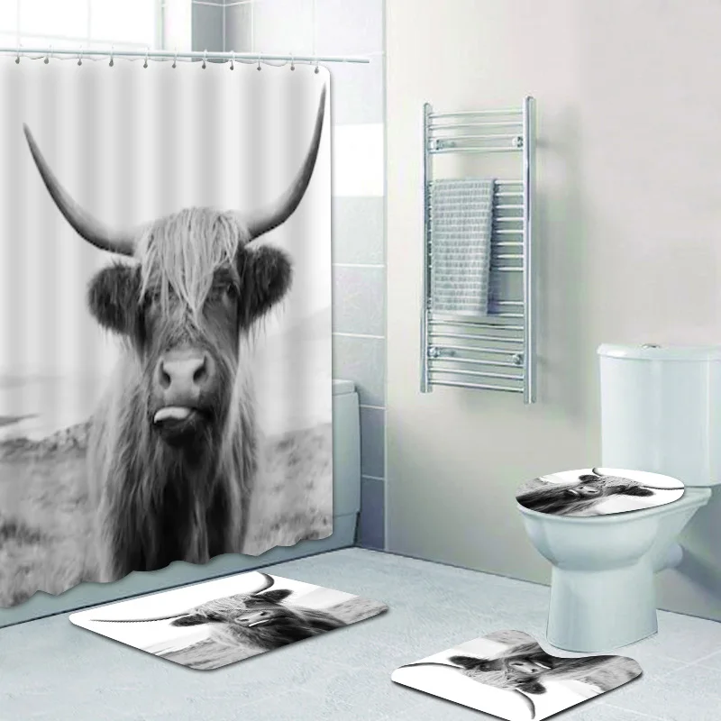 3D Black and White Highland Cow Shower Curtain Bathroom Curtains and Bath Mat Set for Toilet Bathtub Wild Life Animal Home Decor