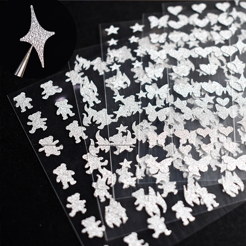 1Sheet Laser Super Shinny Silver Nail Sticker Decal 3D Bear/Butterfly/Star/Flame/Heart/Asterism Shaped Holographic Sticker Patch