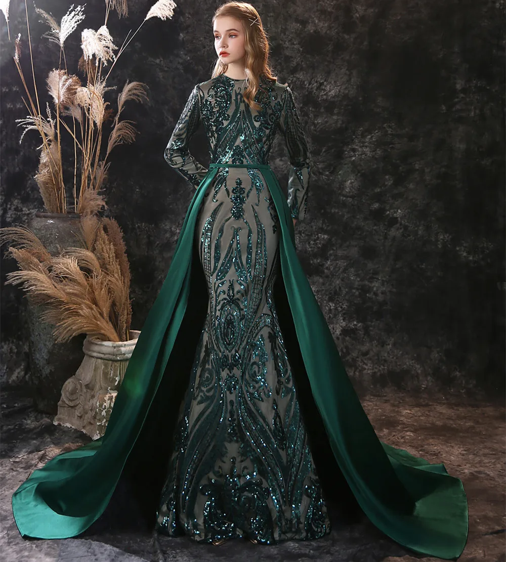 

Fairy Evening Dresses Lace Appliques Sequin Mermaid Prom Gowns Long Sleeves Detachable Train Special Occasion Dress Real Images